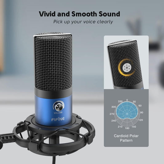 FIFINE USB Recording PC Microphone Kit, Computer Condenser Cardioid Mic on Mac Windows PS4/PS5, for Streaming, Podcasting, Gaming, Video, Home Use, with Gain Knob, Arm Stand-T669 Blue