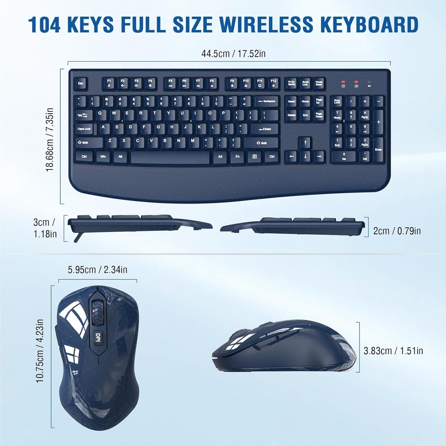 Wireless Keyboard and Mouse Combo, EDJO 2.4G Full-Sized Ergonomic Computer Keyboard with Wrist Rest and 3 Level DPI Adjustable Wireless Mouse for Windows, Mac OS Desktop/Laptop/PC(Galaxy Blue)