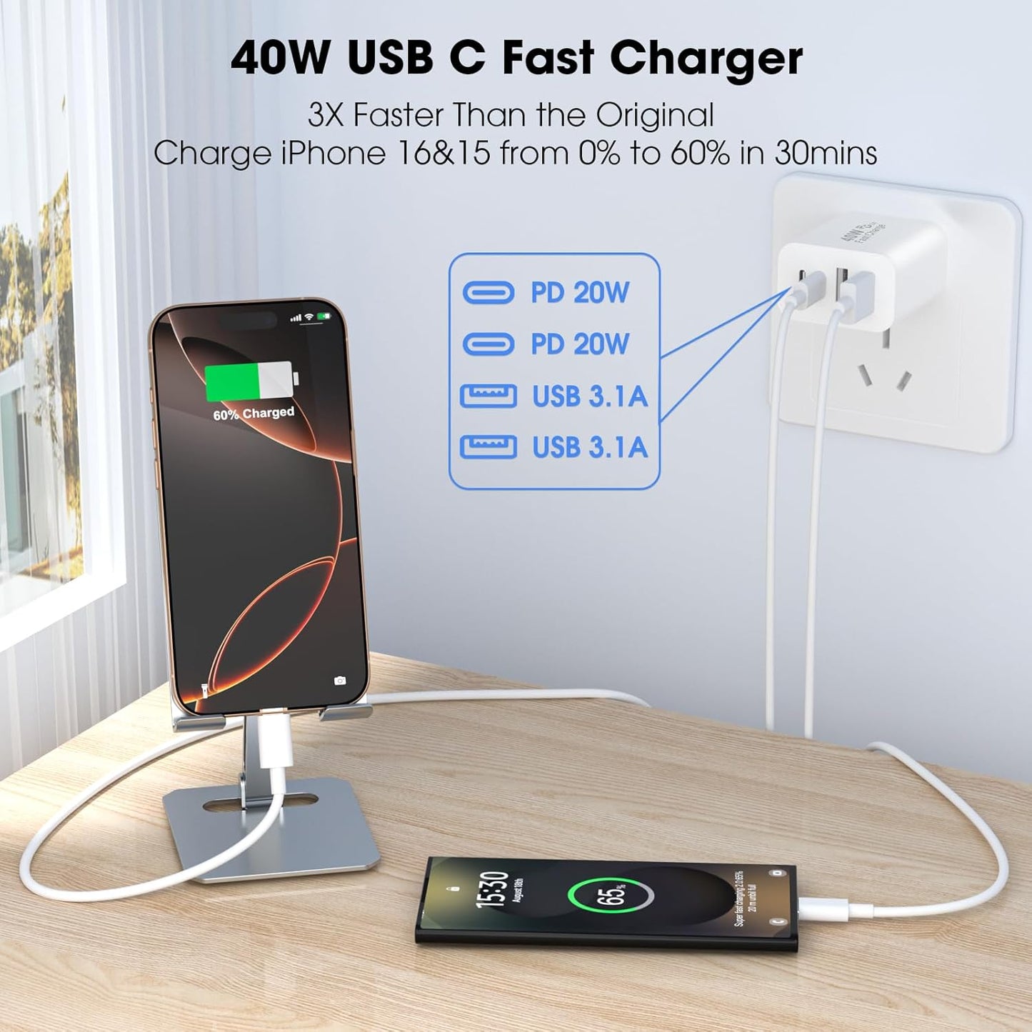 USB C Charger Block, 2 Pack 40W 4-Port iPhone Charger Fast Charging Multiport PD 3.0 & QC 4.0 Double Quick Charge, Compatible with iPhone 16/15/14/13/12/11,Pro Max,iPad, Samsung (White)