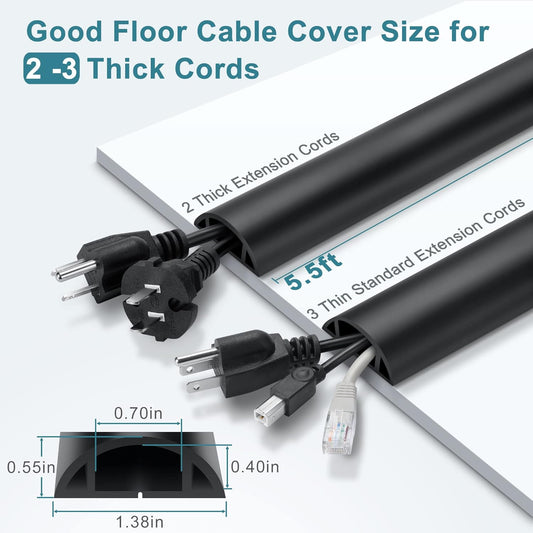 5.5FT Floor Cord Cover, Black Soft Cable Cover Floor, Large Size Extension Cord Covers for Floor, Power Cord Protector Floor Wire Cover - Cord Channel Diameter: 0.7" (W) x 0.4" (H)