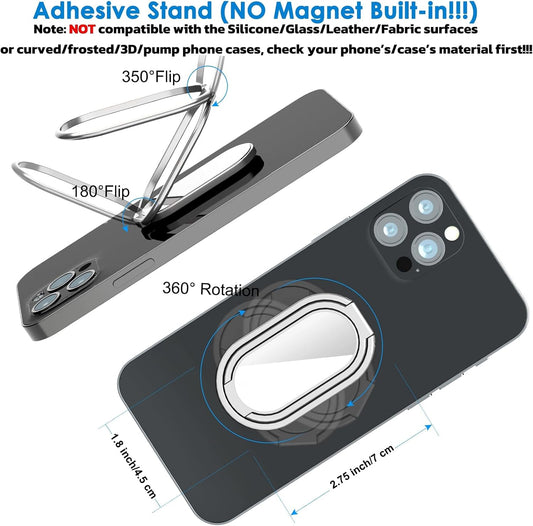 Phone Ring Holder Finger Kickstand, 360° Rotation Metal Phone Grip for Magnetic Car Mount Foldable Cell Phone Stand Compatible with Most Smartphones Silver