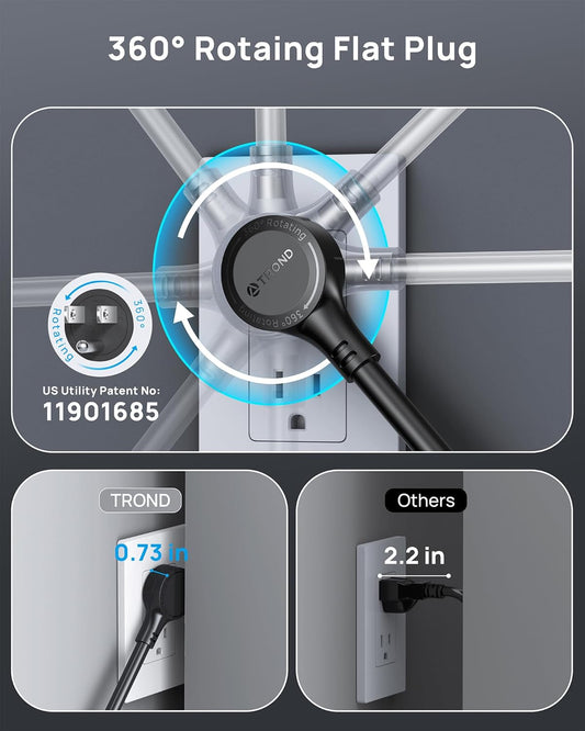 TROND 360° Rotating Flat Plug, Surge Protector Power Strip, 13AC Widely Spaced Outlets Expansion with 3 USB C Ports, 4000J, 5ft Extension Cord Heavy Duty, Wall Mount, Under Desk, ETL Listed, Black