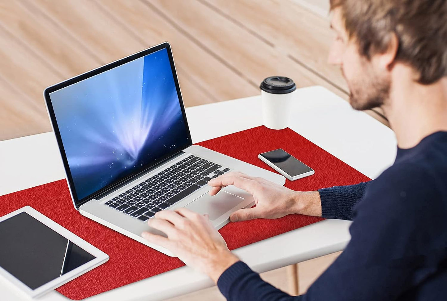 KINGFOM Desk Pad Office Desktop Protecter, PU Leather Desk Mat Blotters Organizer with Comfortable Writing Surface (47.2" x 23.6", Black+Red)