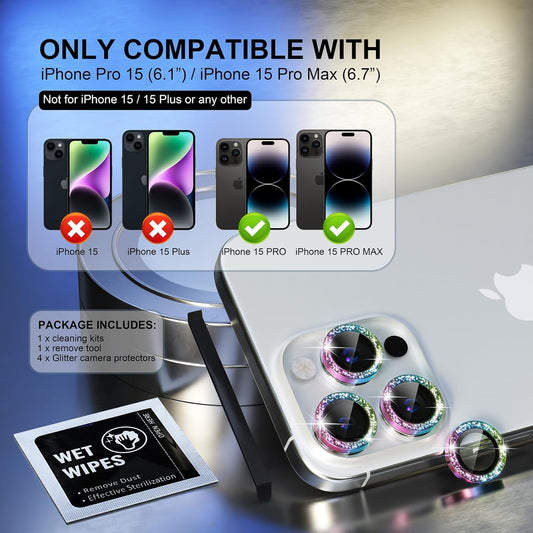 Choiche Compatible for iPhone 15 Pro/iPhone 15 Pro Max Camera Lens Protector Bling, 9H Tempered Glass Camera Cover Screen Protector Metal Ring Decoration Accessories (Glitter-Colorful)