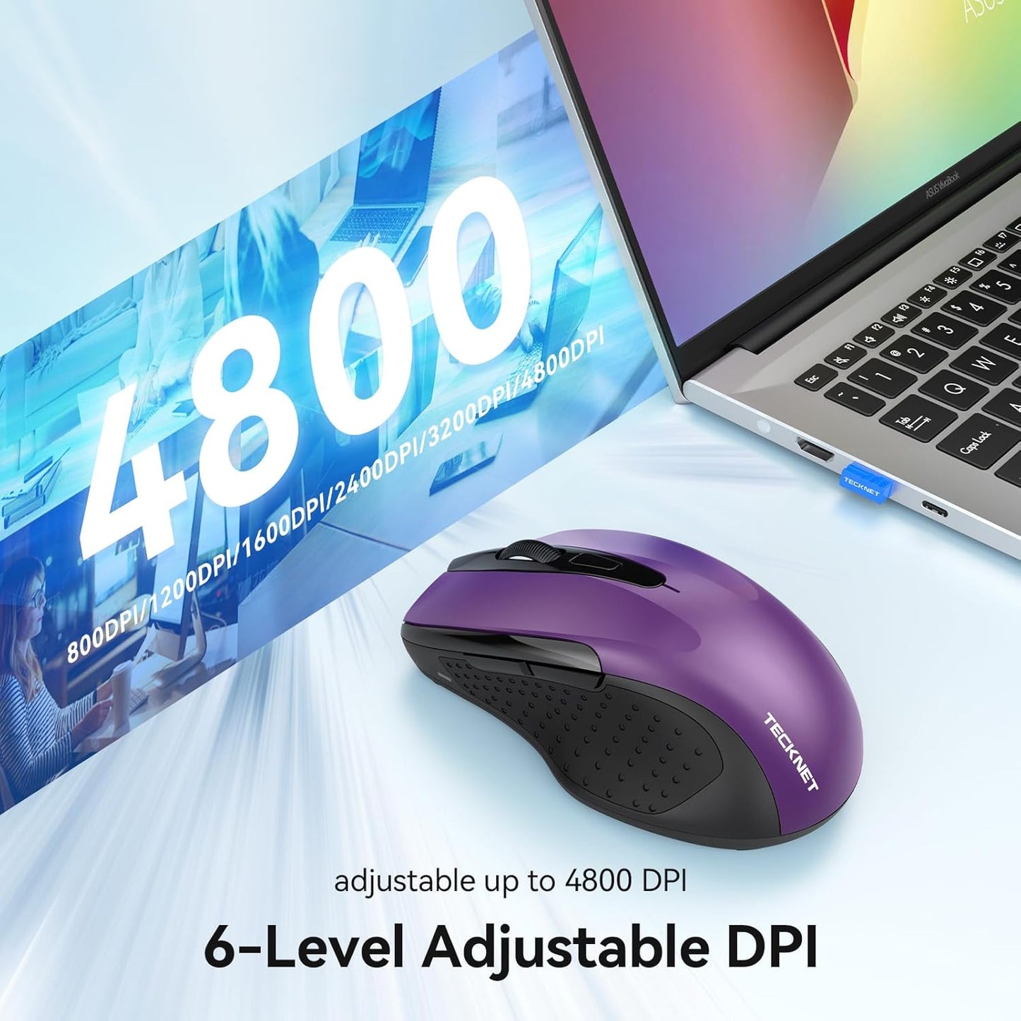 TECKNET Rechargeable Jiggler Wireless Mouse (BT5.0/3.0 & 2.4G) 4800 DPI Silent USB A & Bluetooth Mouse 6 Buttons, Wide Compatibility - Purple