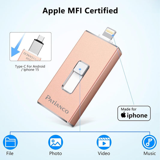 Photo Stick Apple MFi Certified for iPhone 512GB, USB Flash Drive for iPhone Thumb Drive, iPhone-Memory-Stick for iPad/iPhone/Computer Picture Keeper Portable Hard Drive Pink