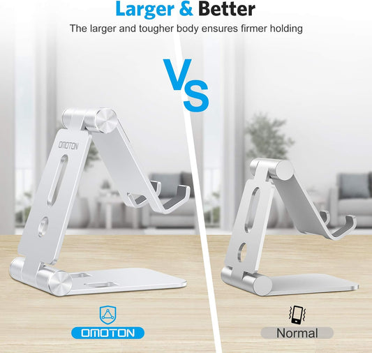 OMOTON Foldable Cell Phone Stand, C4 Portable Aluminum Phone Holder, Adjustable Phone Dock Cradle Compatible with iPhone 16/15/14/13 Pro Max, Samsung Galaxy, Small Tablets, All Smart Phones, Silver