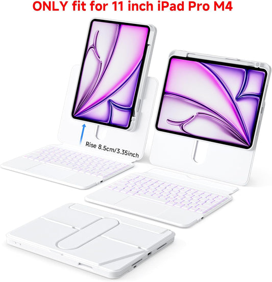 ONLY fit for 2024 M4 iPad Pro 11 inch Case with Keyboard Detachable Magic Keyboard Trackpad, 360 Rotating Cover with Pencil Holder Multi Angle Stand, 12 Shortcut Key, 7 Color Backlit, White
