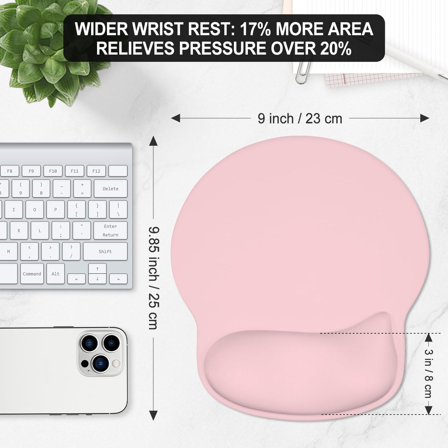 ITNRSIIET Ergonomic Mouse Pad with Wider Memory Foam Wrist Rest +17%, Curved Cushion Reduces Pressure 20%, Pain Relief, Non-Slip, Smooth, Cute Color Desk Accessory, 9.85 x 9 inch, Blush Pink