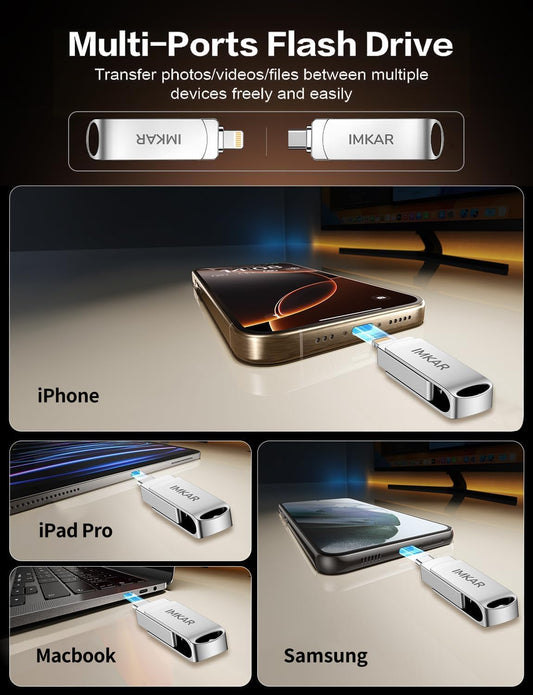 MFi Certified 512GB Flash Drive for iPhone iPad, IMKAR Memory Stick Storage for Photos Videos, Compatible with iPhone iPad Android and PC, Plug and Play No Application Required (Metal Silver)