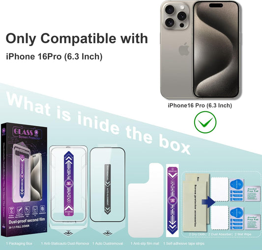 2 Pack Screen Protector Tempered Glass for iPhone 16 Pro 6.3-Inch Auto Dust Removal, No Bubbles, High Definition Clear, Easy Installation