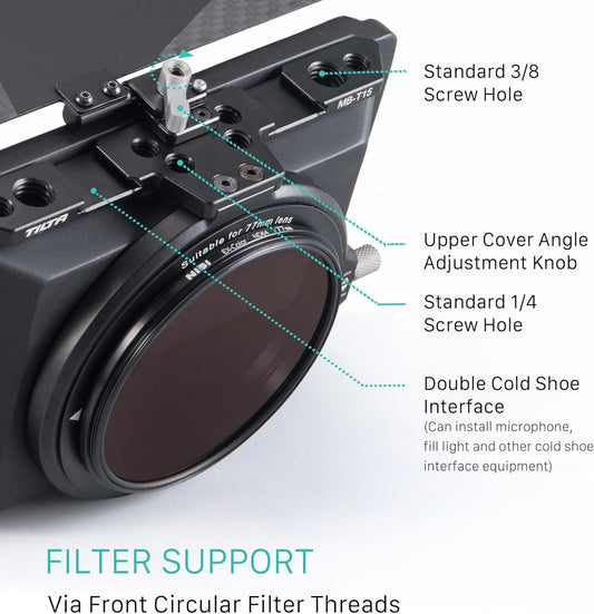 Tilta Mini Matte Box | 15mm Rod Adapter & 4 Lens Adapters | Lightweight | Filter Support | Top Flag | Dual Cold Shoe Mount | Designed for Mirrorless, DSLR | MB-T15
