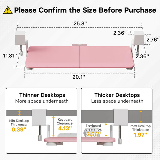 BONTEC KMT01-PJ Under Desk Keyboard Tray, Pull-Out Keyboard & Mouse Platform with C-Clamp, 20 x 11.8 in Space-Saving Ergonomic Slide-Out Drawer, Pink