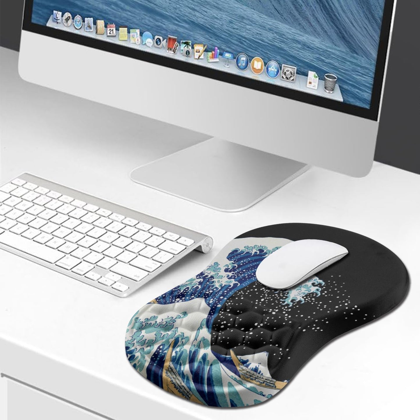 Hokafenle Ergonomic Mouse Pad Wrist Support, Wrist Rest Mousepad for Carpal Tunnel Pain Relief with Integrated Memory Foam Slope Massage Bulge (11.8x7.9 inch,Sea Wave