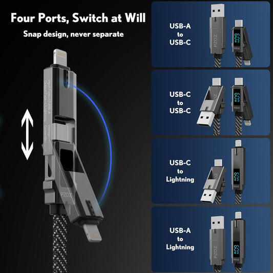 pzoz 4-in-1 USB C Fast Charging Cable with LED Display, Multi USBC Charger Combo Lightning/Type C/USB A Metal Ports for iPhone 16/15/14 Pro Max iPad MacBook AirPods Pro Samsung Google (60W, 5 ft)