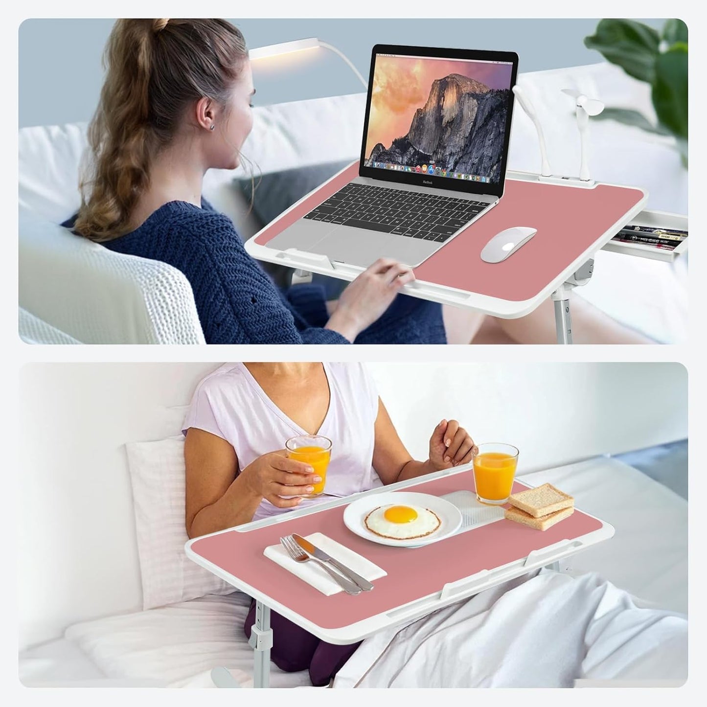 Laptop Lap Desk Include Cooling Fan,Adjustable Lap Desk with Light Fan,Folding Laptop Desk for Bed with USB,Bed Desk with Storage Drawer 56x32cm,Pink