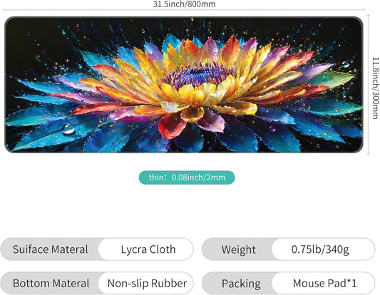 Dynippy Thin Extended Gaming Mouse Pad (31.5 * 11.8 * 0.08 inch) with Stitched Edges Large, Long XXL Keyboard and Mouse pad Desk Mat for Gaming Office & Home - Flower 30