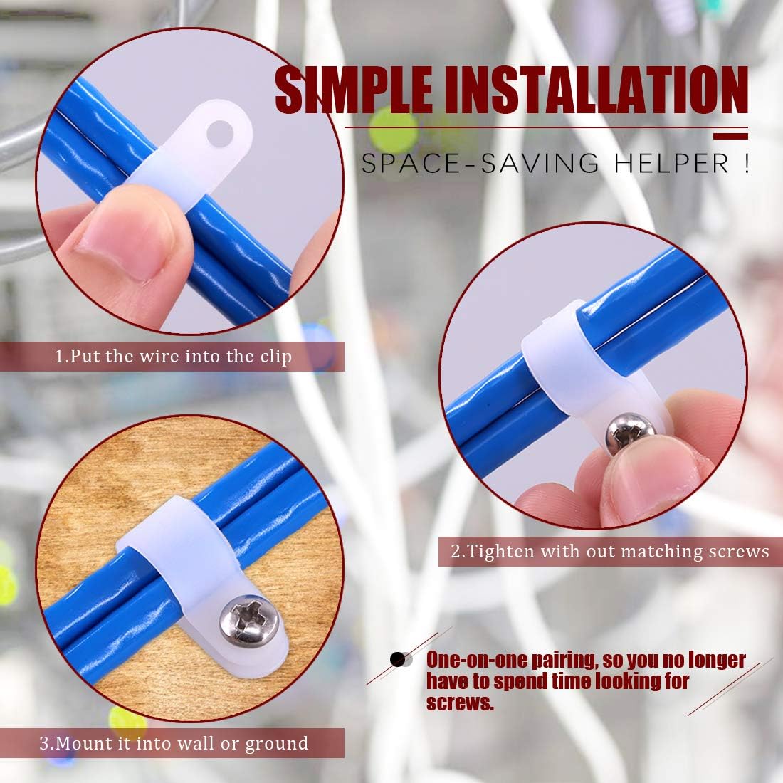 Hilitchi 135 Pcs 6 Sizes White Plastic Cable Clamp R Type Screw Mounting Cord Fastener Cable Clips Assortment Kit with Screws for Wire Management Cable Conduit (Clips from 6mm to 23mm)