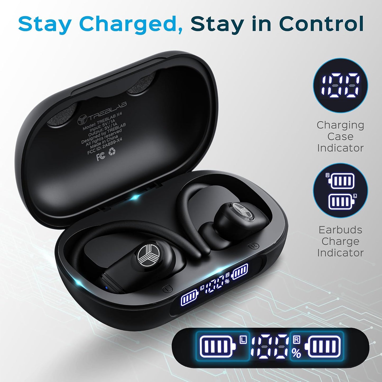 TREBLAB X4 Wireless Earbuds with Earhooks – 253H Battery, ENC Mic, Bluetooth 5.4, USB-C Charging Case, IPX5 Waterproof, Noise Isolating, for Running, Calls, Workouts – Bluetooth Over Ear Ear Buds