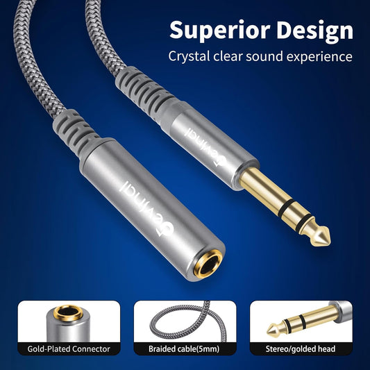 Devinal 1/4 inch Headphone Extension Cable, 6.35mm TRS Male to Female Stereo Cord, Quarter Inch Guitar Cable Extender, 6ft (2 Meters)