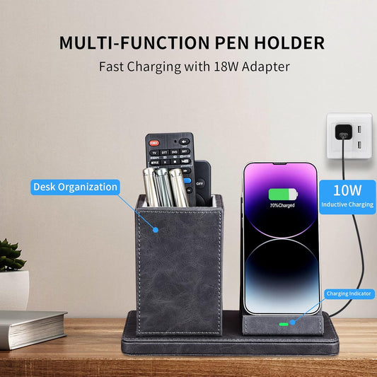 Wireless Charger with Desk Organizer, Wireless Charging Station for iPhone 13/13 Pro Max/13 Pro/12 Series/11/XS Max/XR/X/8Plus/SE 2, Wireless Charging Stand with Leather… (Gray)