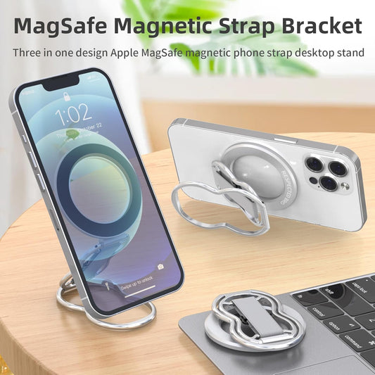 RESPECTED-BRO-Magnetic-Phone-Grip-Stand-with-Finger-Strap, 4-in-1 Magnetic Ring Holder, Kickstand and Elastic Strap for Smartphones, Universal Fit for iPhone, Android, and Cases (Silver)