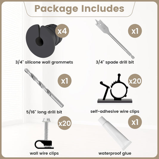 Starlink Cable Grommet Routing Kit for 3/4 inch Wall Hole, 4PCS Wall Grommets Accessories Including 3/4" Spade Drill Bit, Drill bit, and 40 Wall Wire Clips