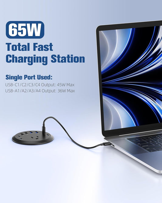 Jgstkcity 65W USB-C Hidden Desktop Power Grommet: 1 AC Outlet,8 USB Charging Ports,3'' Hole Flush Mount Pop-Up Power for Conference Tables & Nightstands (Black, 6 FT - 2PCS)