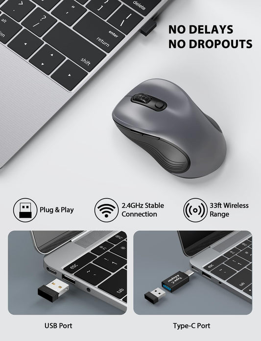 Trueque Wireless Mouse for Laptop, 2.4GHz Ergonomic Computer Mouse with Back & Forward Buttons, 3 Adjustable DPI Levels, 6 Buttons, Optical USB Cordless Mice for Windows Chromebook MacBook PC (Gray)