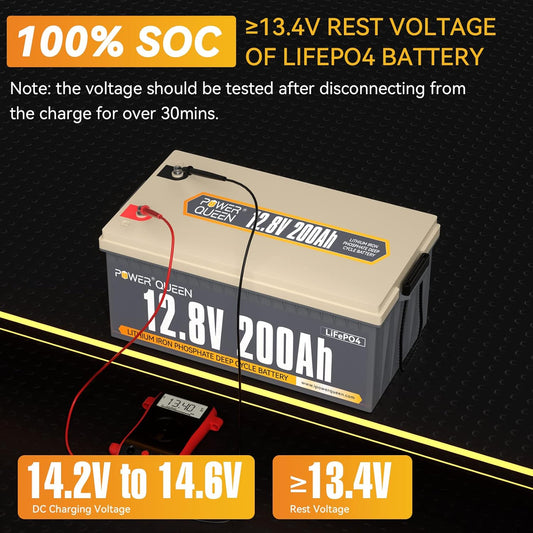 Power Queen 12.8V 200Ah LiFePO4 Battery with 14.6V 20A LiFePO4 Battery Charger; Built-in 100A BMS, Fully Charged Capacity, 2560Wh Energy, Perfect for RV, Camping, Solar System, Power Outage