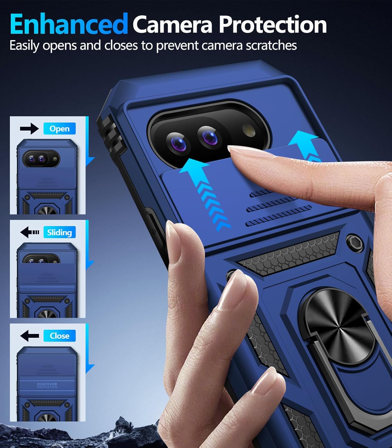 Taisairu for Google Pixel 9A Case with Screen Protector & Slide Camera Lens Cover,Built-in 360°Rotate Magnetic Ring Stand Shockproof Protective Phone Case for Google Pixel 9A Case (Blue)