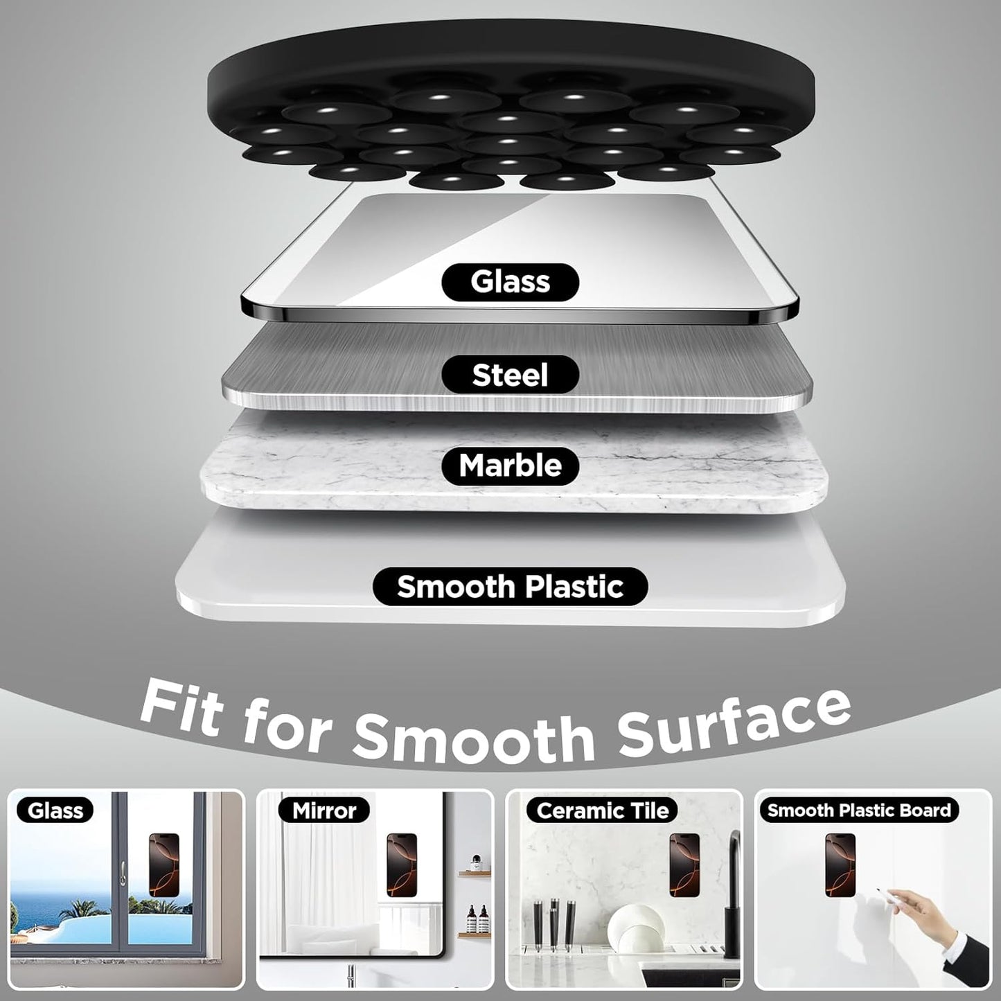 Magnetic Suction Cup Phone Mount for MagSafe Case, Silicone Hands-Free Phone Grip Holder for iPhone and Android, Mirror Shower Phone Stand for Makeup FaceTime Gym Kitchen Bathroom, Black