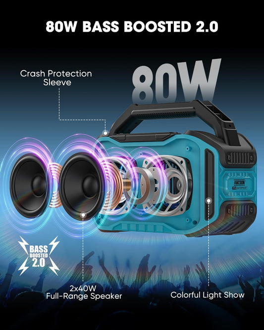 Speakers Bluetooth Wireless: 80W(Peak) Loud Speaker with Bass, 20H Playtime, IPX6 Waterproof, Large Jobsite Speakers for Work, Outdoor, Workshop, Garage, Portable Speaker with TWS (Sky Blue)