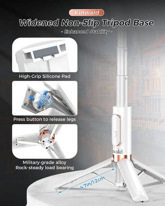 Selfie Stick Tripod for iPhone & Android, Portable Phone Tripod Stand with Bluetooth Remote, One-Click Open, Compact & Lightweight, All-in-1 for Vlog/Travel/Photography (White)