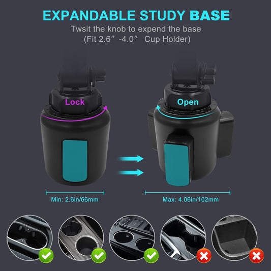 Cup Holder Car Tablet Mount, 360° Adjustable 2-Arm Stand Holder for iPad Pro 12.9/11/10.5/9.7/Air/Mini 6/5/4, Samsung Galaxy Tab/Z Fold 6/5, Amazon Fire HD, iPhone 16/15/14/Pro, 4.7-12.9" Tab & Phone