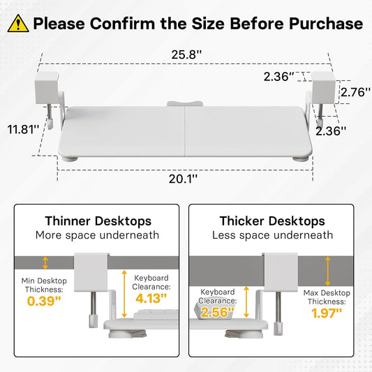 BONTEC KMT01-PJ Under Desk Keyboard Tray, Pull-Out Keyboard & Mouse Platform with C-Clamp, 20 x 11.8 in Space-Saving Ergonomic Slide-Out Drawer, White