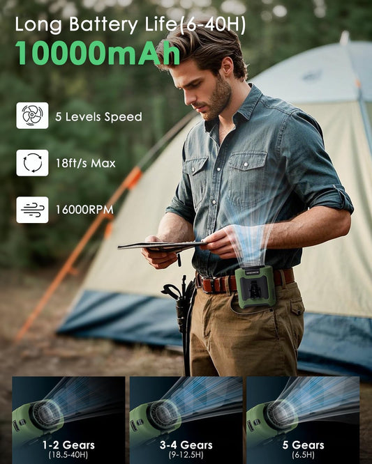 Portable Waist Fan Clip on, Personal Wearable Belt Fan 10000mAh Rechargeable Battery Under Shirt,5 Speeds with light, Neck Fan Hands-Free Cooling For Outdoor Camping Travel (Green)
