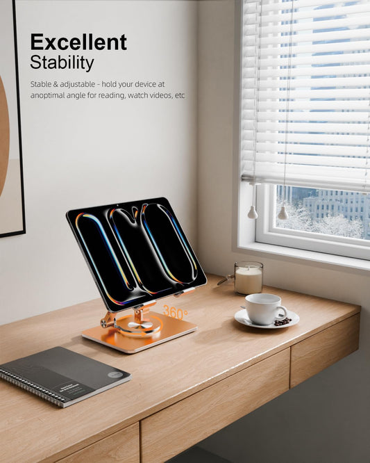 Tablet Stand Holder with Thickened 360°Rotating Base Dual Rod Adjustable Aluminum Stand for All 5.8-12.9” iPad Samsung Phone Tablet Kindle E-Reader and More, Gold