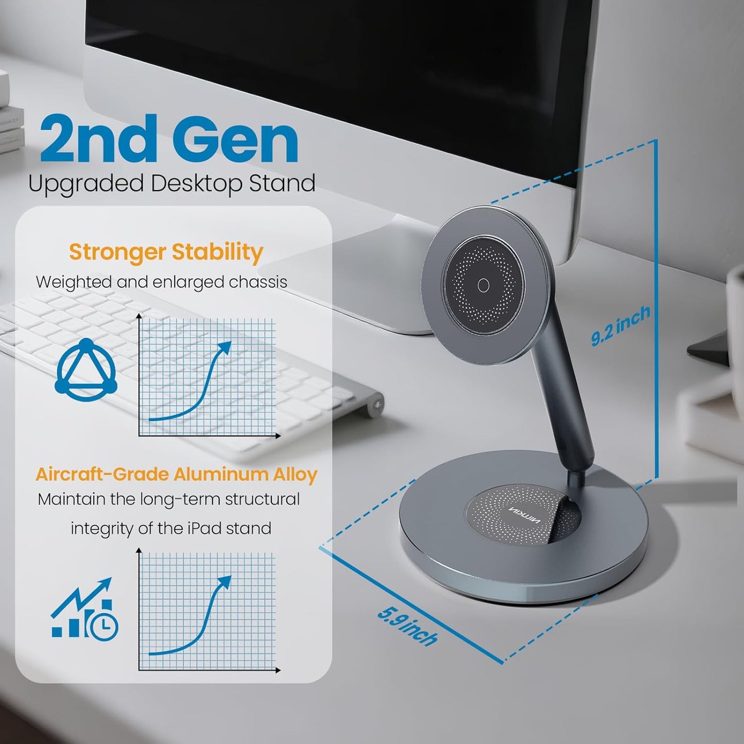 Nillkin Magnetic iPad Stand for Desk, MagSafe Wireless iPhone Charger Stand, 360° Rotating Base, Adjustable Aluminum Tablet Holder for Work, Office, Home, Kitchen Use