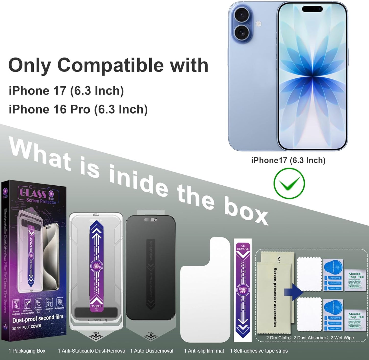 Matte Privacy Screen Protector for iPhone 17, iPhone 16 Pro 6.3-Inch, Auto Dust Removal, 9H Anti-Spy Tempered Glass Film, Full Cover, Anti-Fingerprint, Easy Installation, 2 Pack