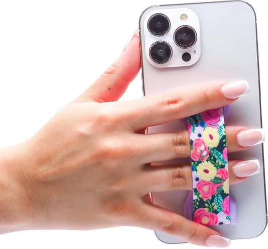 LOVEHANDLE PRO Premium Phone Grip - Silicone Phone Strap - Magnetic Phone Mount and Kickstand for Smartphone and Tablet - Camellias