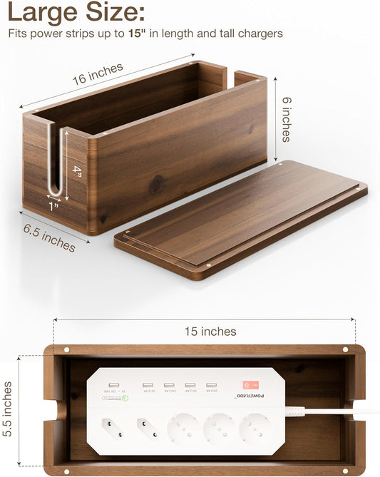 Acacia Wood Large Cable Management Box Round Edge - 16" L Wooden Power Strip Box, Surge Protector Box - Cable Hider Box for Office, Living Room - 2 Open Slots, Magnetic Lid (Walnut Color)