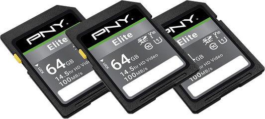 PNY 64GB Elite Class 10 U1 V10 SDXC Flash Memory Card - 100MB/s Read, Class 10, U1, V10, Full HD, UHS-I, Full Size SD (P-SD64GX3U1100EL-MP) (Pack of 3)