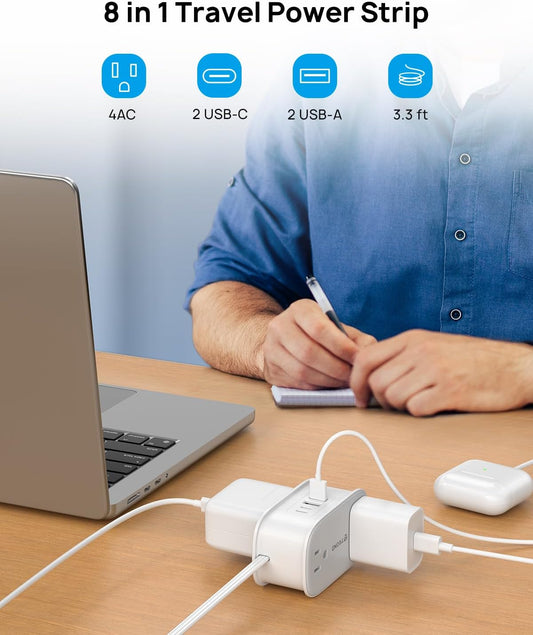 TROND Flat Plug Power Strip: 3.3ft Wrapped Short Extension Cord with 4 Outlets, 4 USB Ports, Small Charging Station, Travel Home Office Cruise Ship Dorm Room Essentials, Gray