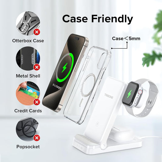 Wireless Charger, Tribone 3 in 1 Foldable Fast Charger for iPhone 17 16 15 14 13 12 11 Pro Max XR XS 8 Plus, for Apple Watch 11 10 9 8 7 6 5 4 3 2 SE Ultra,for AirPods Pro 4 3 2 (White)