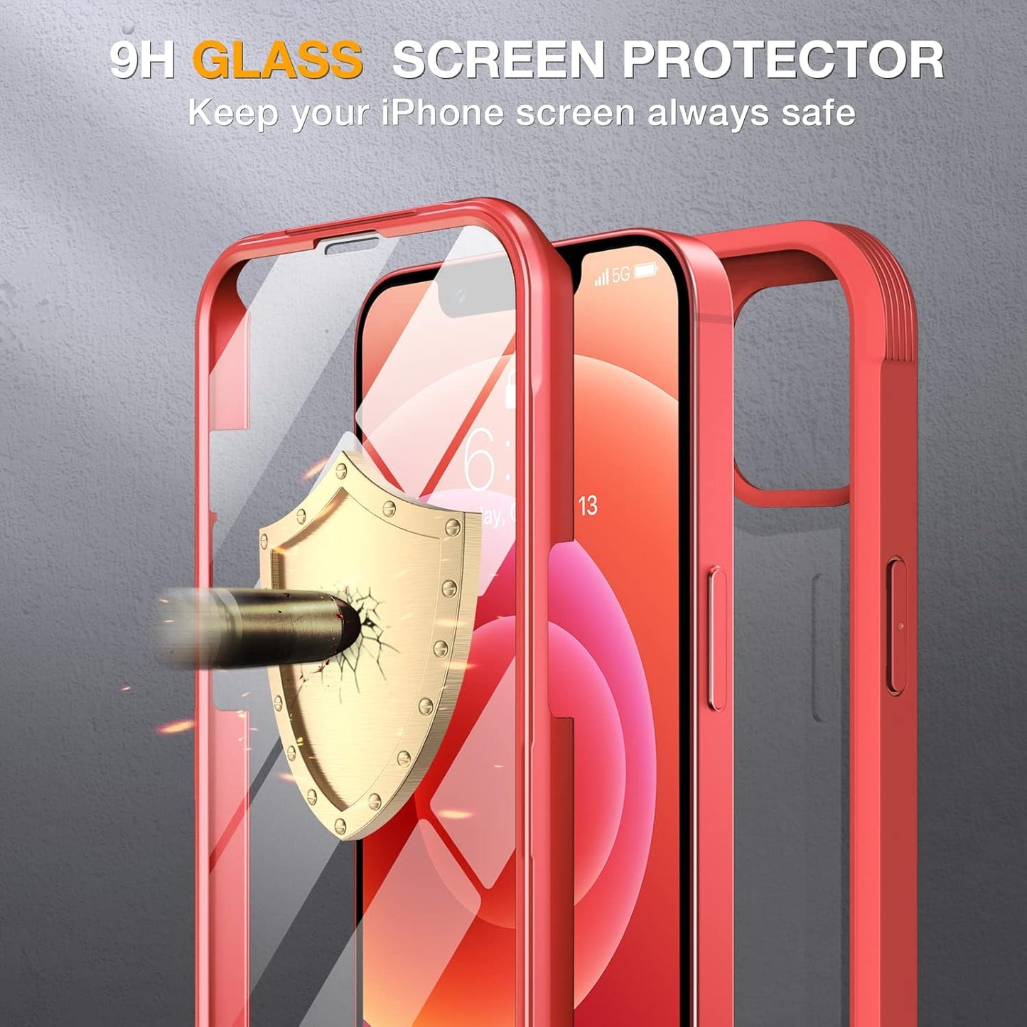 Miracase Glass Series for iPhone 12/12 Pro Case 6.1 inch, Upgraded Full-Body Rugged Phone Bumper Case Cover with Built-in 9H Tempered Glass Screen Protector and Camera Protector, Red