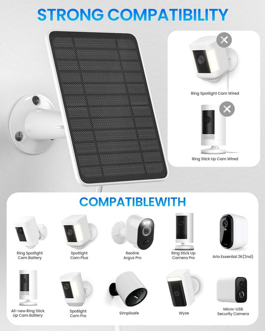 5W Solar Panel for Ring Camera, Solar Panel Charger Compatible with Ring Spotlight Plus/Pro Stick Up Outdoor Cam Battery, 10ft Cable with USB-C to Barrel Plug Adapter & Micro-USB Adapter, 2 Pack