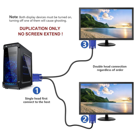 PASOW VGA Splitter Cable (No Screen Extension) 1 Male to 2 Male Dual Monitor Y Adapter 1080P Full HD for projectors, HDTVs, Monitors (6 Feet) - Only for Screen Duplication - Work for Identical Monitor