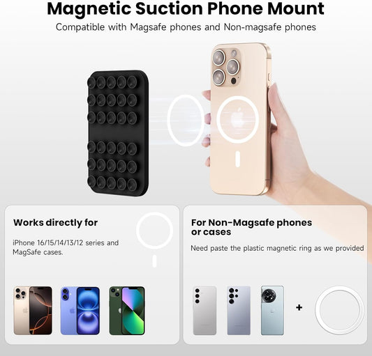 Patented Magnetic Sticky Phone Suction Grip Mount for MagSafe Case,Magnet Silicone Portable Stand Holder for iPhone 16/15/14/13/12 Series and Android, Hands-Free Selfies and Videos,Black