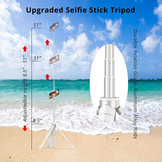ATUMTEK 51" Selfie Stick Tripod, All in One Extendable Phone Tripod Stand with Bluetooth Remote 360Β° Rotation for iPhone and Android Phone Selfies, Video Recording, Vlogging, Live Streaming, White